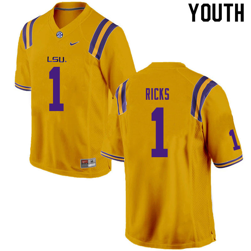 Youth #1 Elias Ricks LSU Tigers College Football Jerseys Sale-Gold